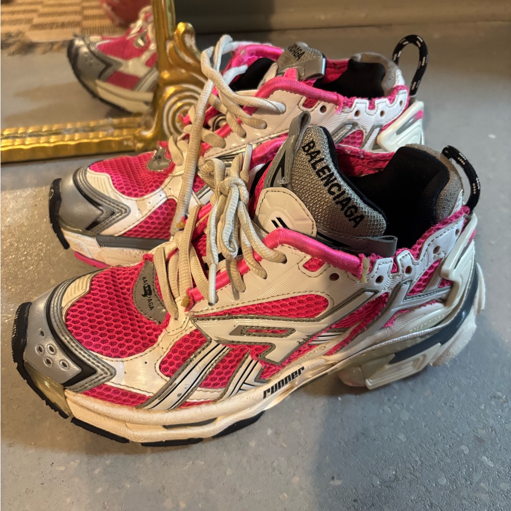 Balenciaga Hot Pink White Athletic Sneakers With Silver Accents 38